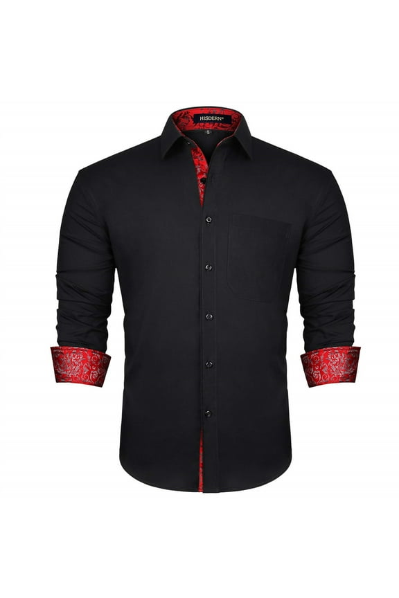 Mens Long Sleeve Red Dress Shirts Casual Inner Collar Contrast Button Down Shirt Business