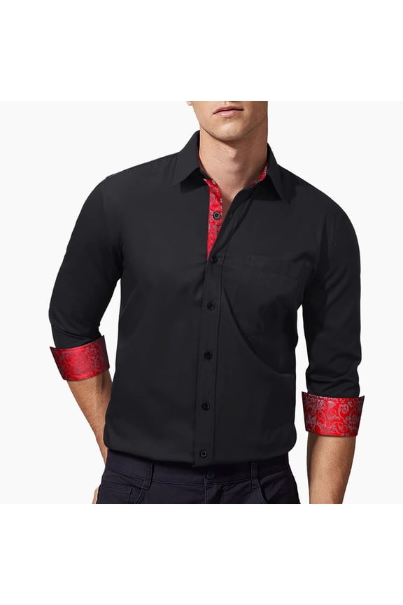 Mens Long Sleeve Red Dress Shirts Casual Inner Collar Contrast Button Down Shirt Business