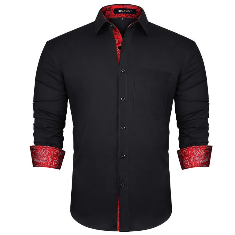 HISDERN Mens Paisley Long Sleeve Dress Shirt, Casual Button Down, Inner  Collar Contrast, Black Red - Walmart.com