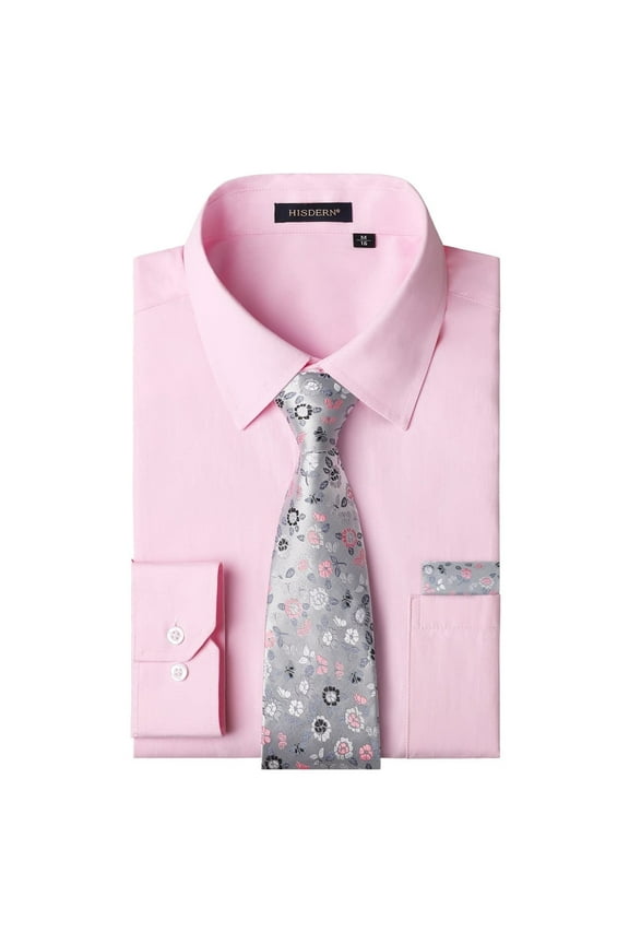 Mens Pink Dress Shirt Long Sleeve Formal Collar Shirts with Formal Tie and Pocket Square Set