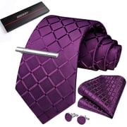 HISDERN Mens Plaid Ties Formal Purple Woven Tie and Pocket Square Cufflinks Tie-Clip Set Gift Box