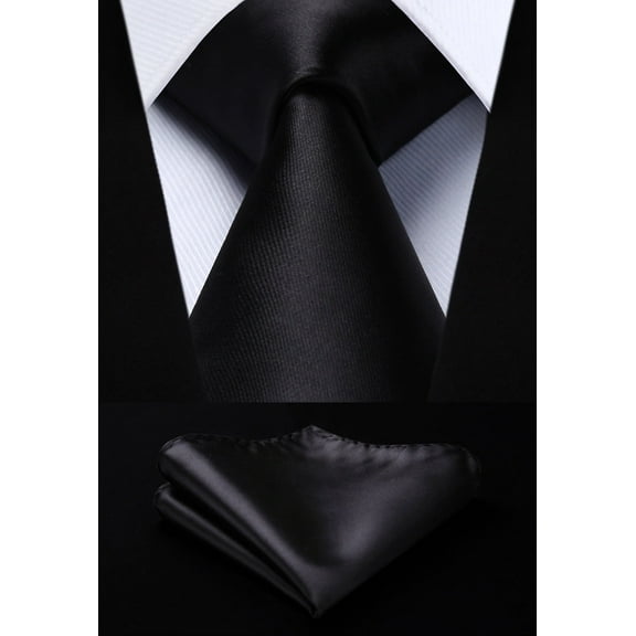 HISDERN Mens Solid Color Ties Formal Satin Necktie and Pocket Square Set Classic Tie Black