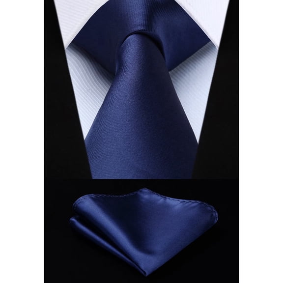 HISDERN Mens Solid Color Ties Formal Satin Necktie and Pocket Square Set Classic Tie Navy Blue