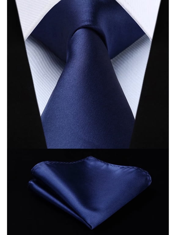 Mens Navy Blue Neckties, Solid Color 3.35 inch Wide Ties Formal Satin Necktie and Pocket Square Set Wedding Tie