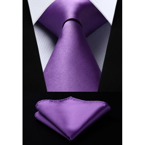 HISDERN Mens Solid Color Ties Formal Satin Necktie and Pocket Square Set Classic Tie Purple