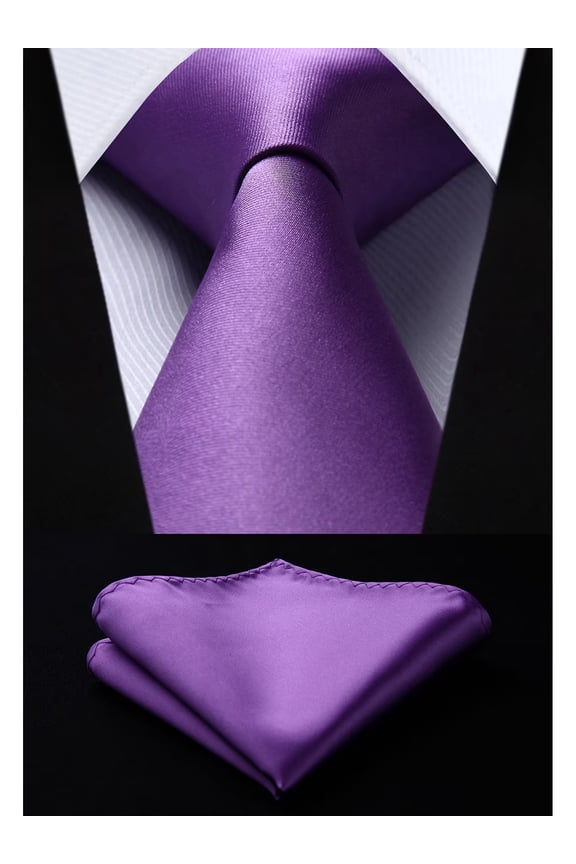 Mens Solid Color Ties Formal Satin Necktie and Pocket Square Set Classic Tie Purple