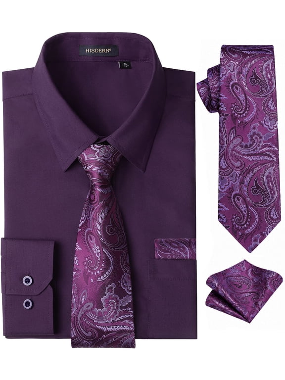 Mens Solid Dress Shirt Long Sleeve with Matching Tie & Handkerchief Set Button Down Shirts