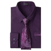 HISDERN Mens Solid Dress Shirt Long Sleeve with Matching Tie & Handkerchief Set Button Down Shirts