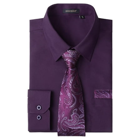 HISDERN Mens Solid Dress Shirt Long Sleeve with Matching Tie & Handkerchief Set Button Down Shirts