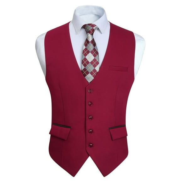 HISDERN Mens Suit Vest Lightweight Slim Fit Formal Waistcoat V-Neck Dress Vest for Weddings, Red