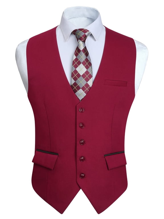 Mens Suit Vest Lightweight Slim Fit Formal Waistcoat V-Neck Dress Vest for Weddings, Red