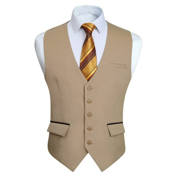 HISDERN Mens Suit Vests Formal V-Neck Slim Fit Waistcoat Classic Dress Vest for Weddings Beige
