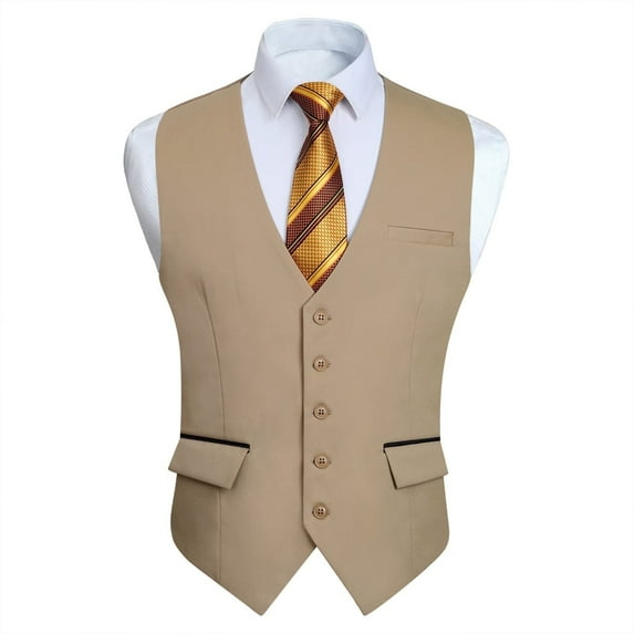 HISDERN Mens Suit Vests Formal V-Neck Slim Fit Waistcoat Classic Dress Vest for Weddings Beige