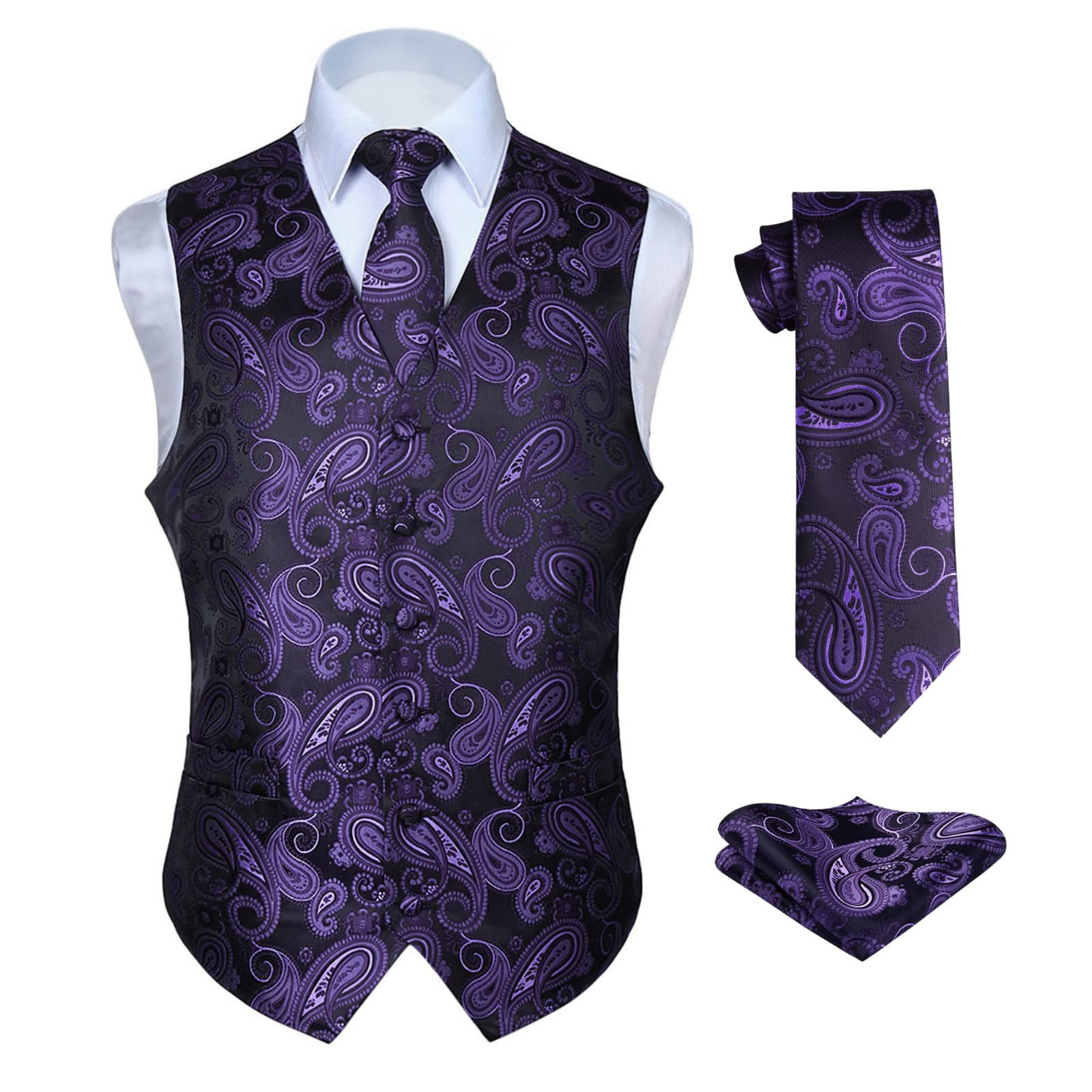 Hisdern Herenvest Paisley Bloemen Jacquard Stropdas Pocket Vierkante Zakdoek Vest Pak Set, Zwart, XS