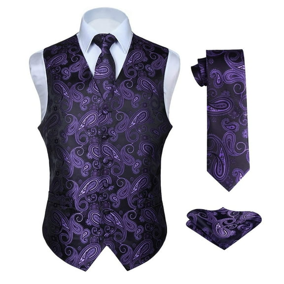 HISDERN Mens Suit Vests Purple Paisley Silk Jacquard Waistcot Ties Set Formal Suit Tuxedo 3PCS S