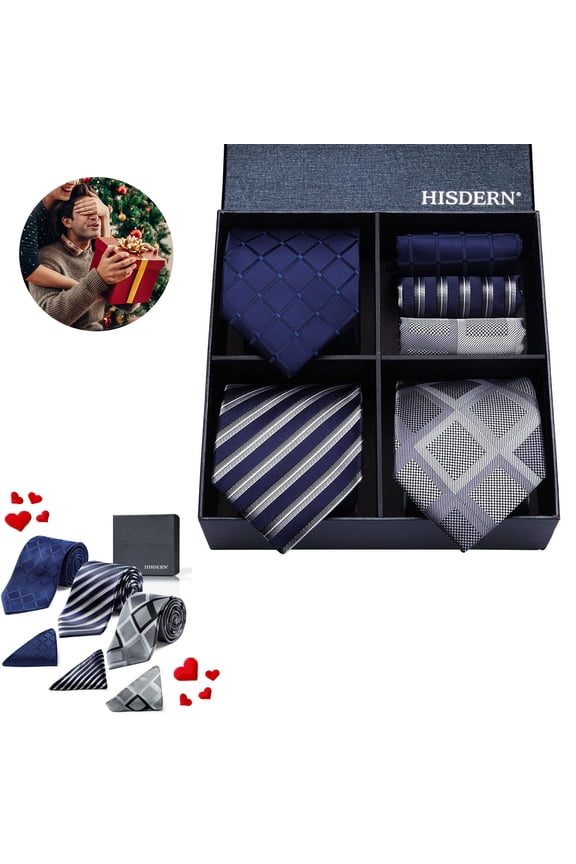 Mens Ties Set Formal Plaid Tie 3 Pcs Neckties & Pocket Square Gift Set Father's Day