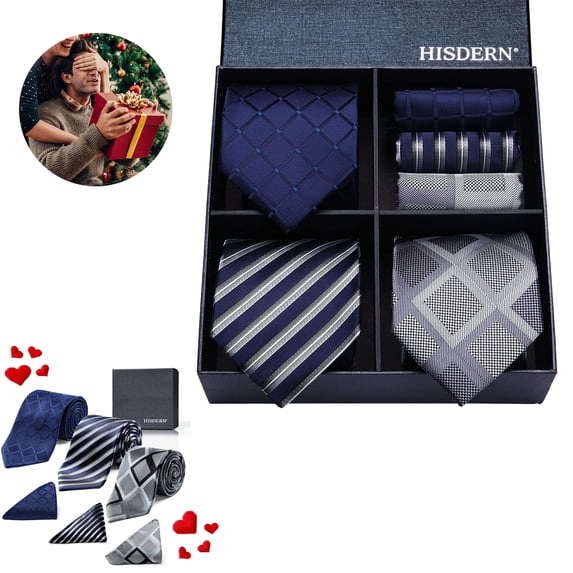 HISDERN Mens Ties Set Formal Plaid Tie 3 Pcs Neckties & Pocket Square Gift Set Father's Day