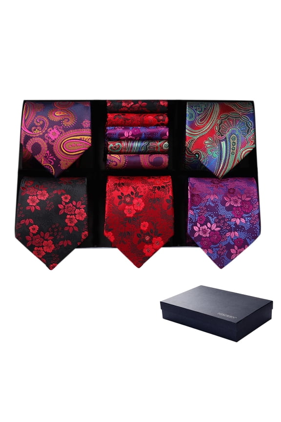 Mens Ties Set 5 Pcs Formal Paisley Tie Business Floral Neckties & Pocket Square Gift Box Set