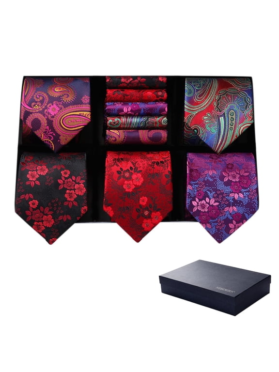 Mens Ties Set 5 Pcs Formal Paisley Tie Business Floral Neckties & Pocket Square Gift Box Set