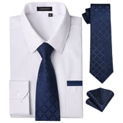 HISDERN Mens White Dress Shirt Long Sleeve with Matching Tie & Handkerchief Set Button Down Shirts
