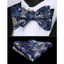 HISDERN Navy Blue Bow Ties for Men Floral Bowties Handkerchief Bowtie Pocket Square Set Self Tie