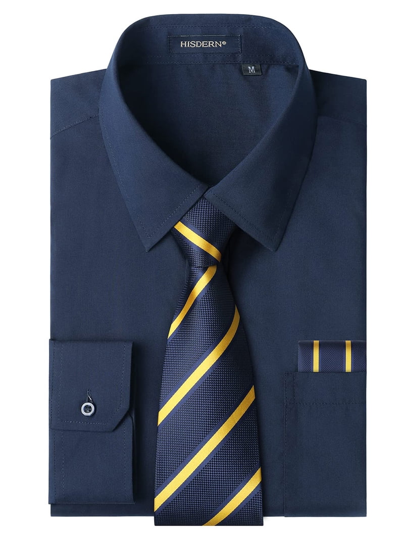 HISDERN Navy Blue Dress Shirts for Men Casual Button Down Long Sleeve Shirt  Tie Set Wedding Business - Walmart.com