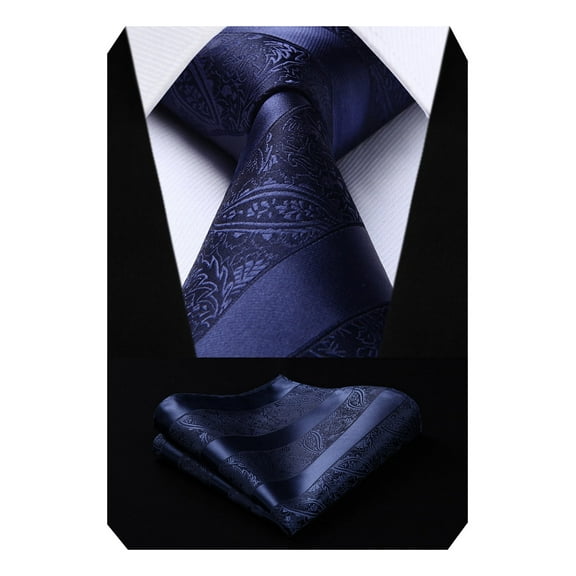 HISDERN Navy Blue Ties for Men Paisley Tie Handkerchief Floral Mens Necktie & Pocket Square Silk Set