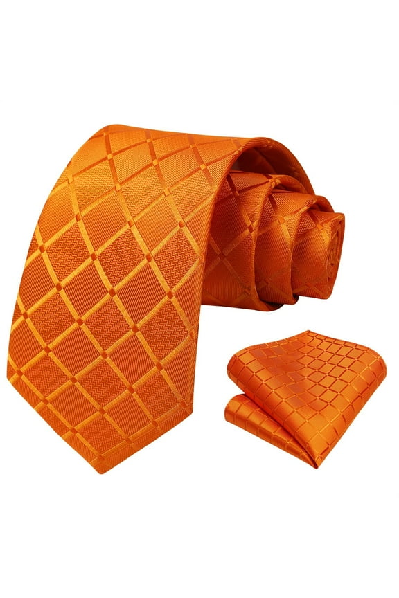 Orange Formal Ties Plaid Checkered Tie Handkerchief Woven Men's Necktie Pocket Square Set