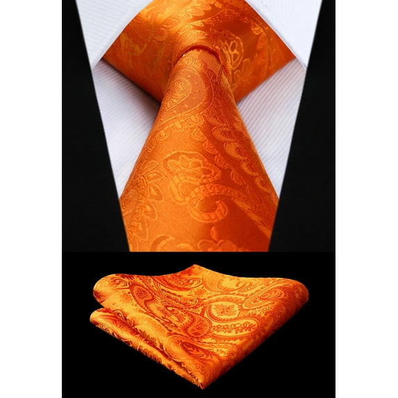 HISDERN Orange Ties for Men Paisley Neckties and Pocket Squares Set for Weddings Classic Mens Ties