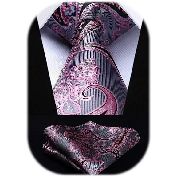 HISDERN Paisley Ties for Men Classic Extra Long Floral Tie and Pocket Square Formal Silk Necktie Set