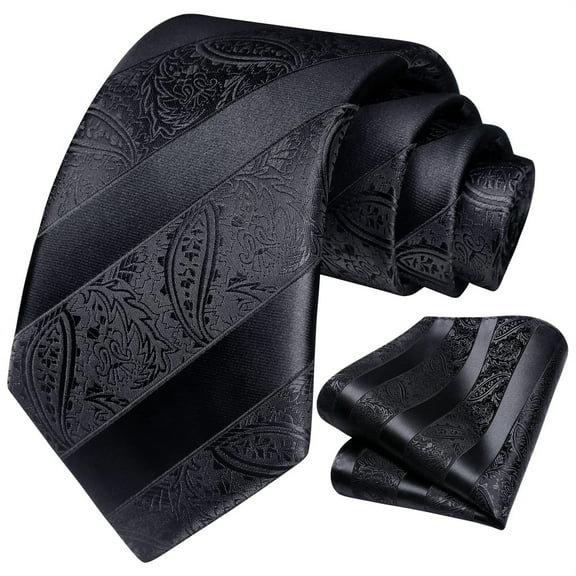 HISDERN Paisley Ties for Men Solid Tie Handkerchief Floral Men's Necktie & Pocket Square Set,Black