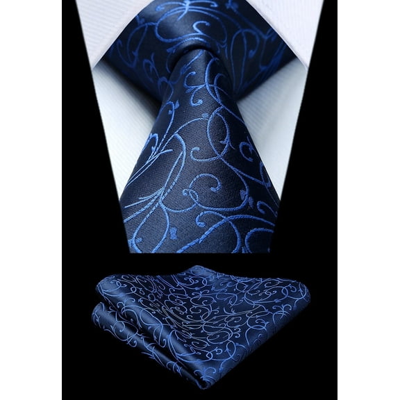 HISDERN Paisley Ties for Men Solid Tie Handkerchief Floral Men's Necktie & Pocket Square Set,Blue-B