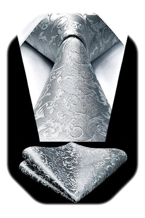 Paisley Ties for Men Solid Tie Handkerchief Floral Men's Necktie & Pocket Square Set,Silver
