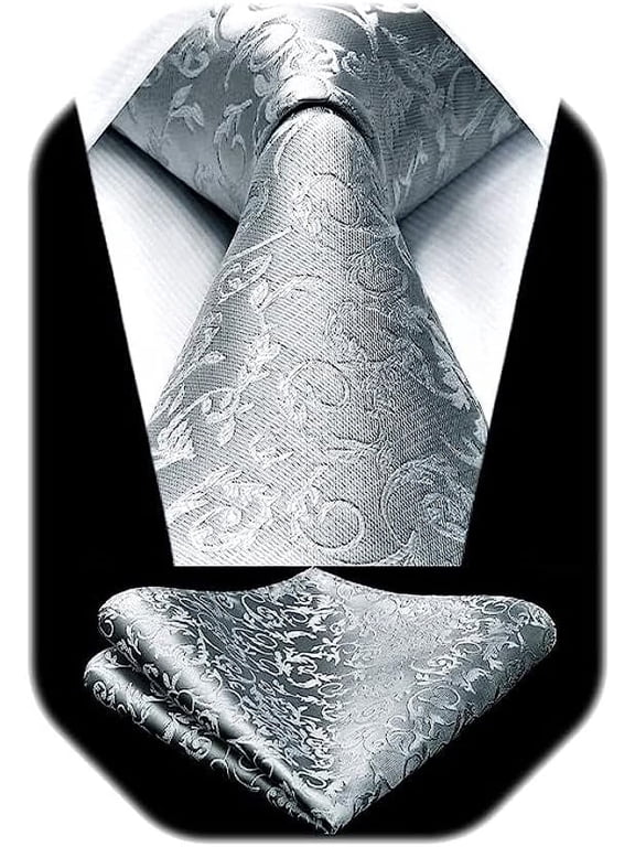 Paisley Ties for Men Solid Tie Handkerchief Floral Men's Necktie & Pocket Square Set,Silver