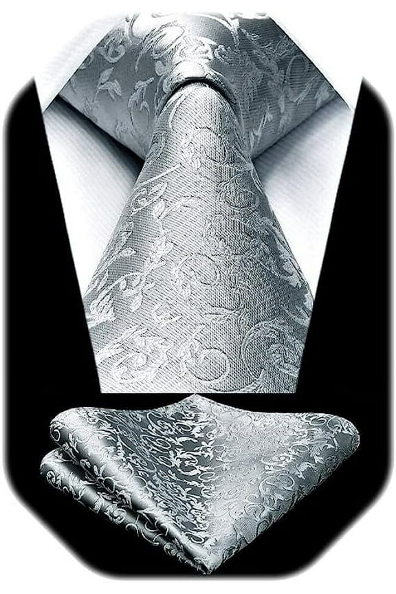 Paisley Ties for Men Solid Tie Handkerchief Floral Men's Necktie & Pocket Square Set,Silver