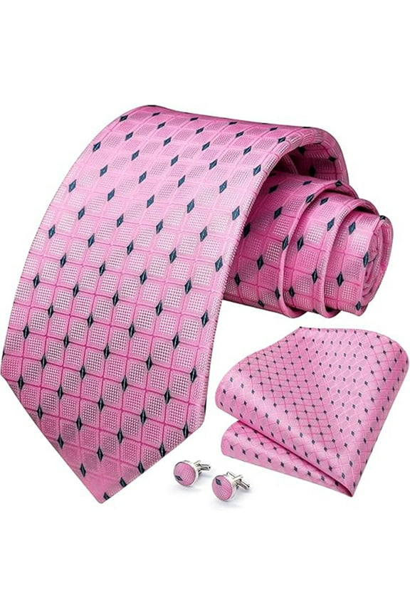 Pink Mens Tie Plaid Checkered Woven Necktie Classic Cufflinks Necktie & Pocket Square Set