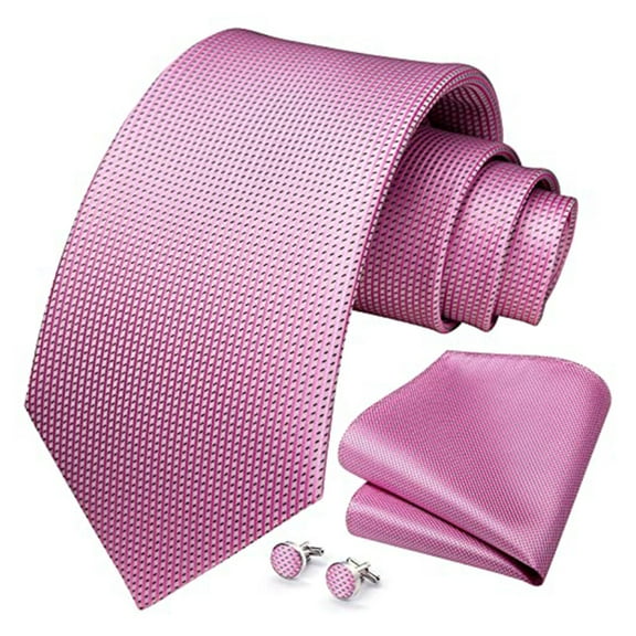 HISDERN Pink Mens Tie Woven Plaid Necktie and Pocket Square Cufflinks Set for Business Wedding