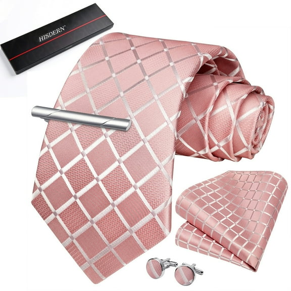 HISDERN Mens Plaid Ties Set Classic Checkered Necktie with Pocket Square Cufflinks Tie Clip Pink