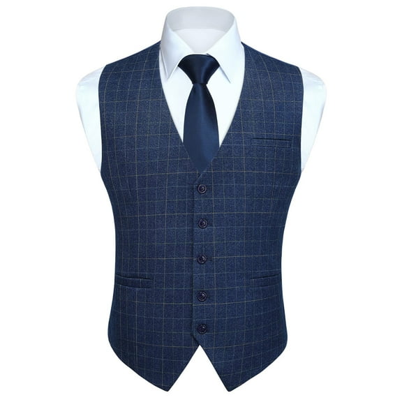 HISDERN Plaid Suit Vests for Men Formal Dress Vest Business Navy Blue Slim Fit Waistcoat for Wedding