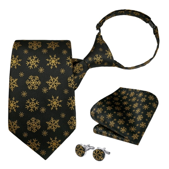 HISDERN Mens Ties Christmas Pattern Pre-tied Black Tie Pocket Square Cufflink Matching Set Fomal Dress Tie