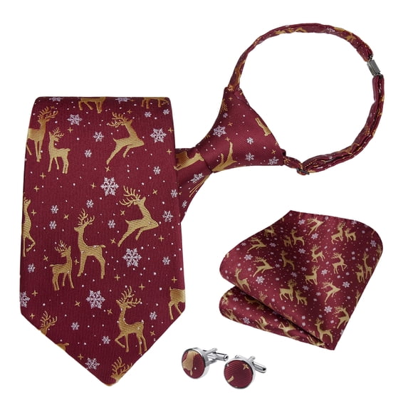HISDERN Christmas Mens Ties Pre-tied Jacquard Formal Red Tie Pocket Square and Cufflink Set for Holiday