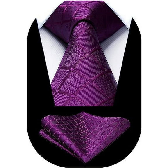HISDERN Purple Ties for Men Plaid Checkered Tie Formal Ties Men's Necktie Pocket Square Set Wedding
