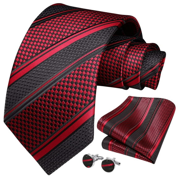 HISDERN Red Ties for Men Stripe Plaid Ties and Pocket Square Cufflinks Silk Necktie Set Business