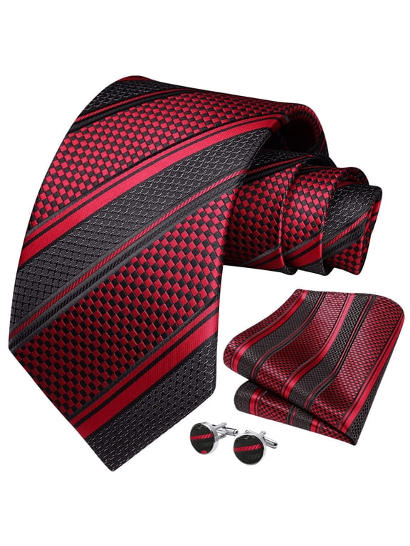 Red Ties for Men Stripe Plaid Ties and Pocket Square Cufflinks Silk Necktie Set Business