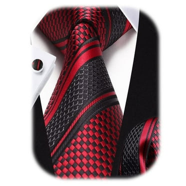 HISDERN Red Ties for Men Stripe Plaid Ties and Pocket Square Cufflinks Silk Necktie Set Business