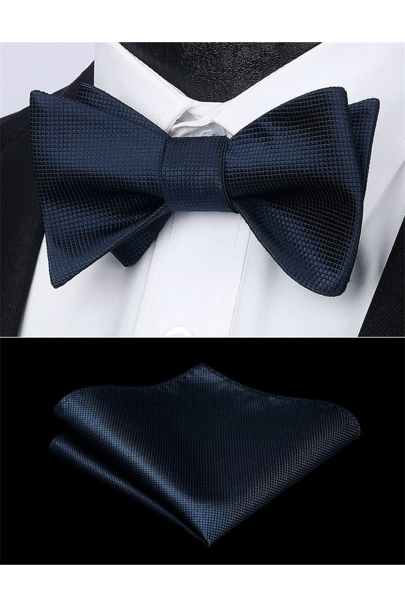 Navy Blue Bow Ties for Men Self Tie Bow Tie Pocket Square Set Formal Satin Solid Bowtie