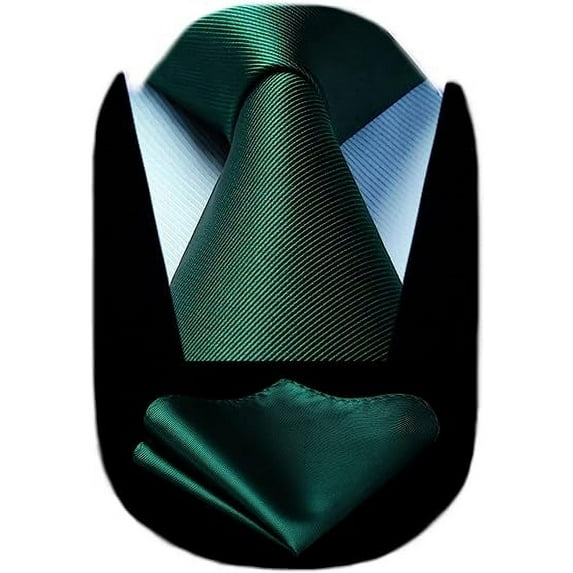 HISDERN Solid Color Ties for Men Business Tie and Pocket Square Set Classic Satin Mens Wedding Necktie,green Emerald Dark