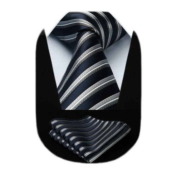 HISDERN Stripe Tie Mens Ties and Pocket Square Set Classic 3.4'' Silk Formal Striped Necktie