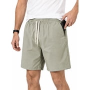 HISDERN Mens Athletic Shorts 7" Inseam Stretch Drawstring Waist Shorts with Pockets Khaki Workout Shorts