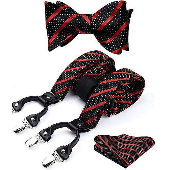 HISDERN Suspender and Bow Tie Sets for Men Red Black Striped with Pocket Square Set 6 Clips Braces